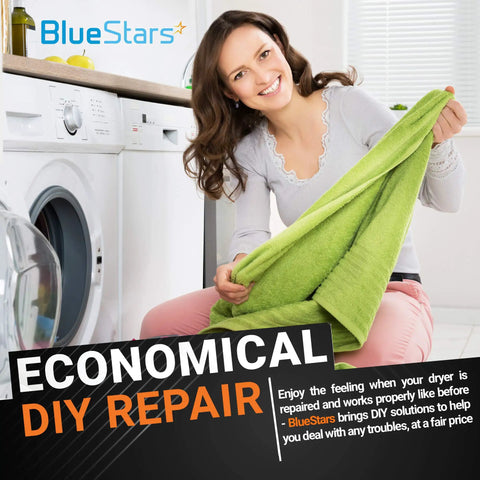 Woman holding green towel near dryer promoting economical DIY repair with BlueStars