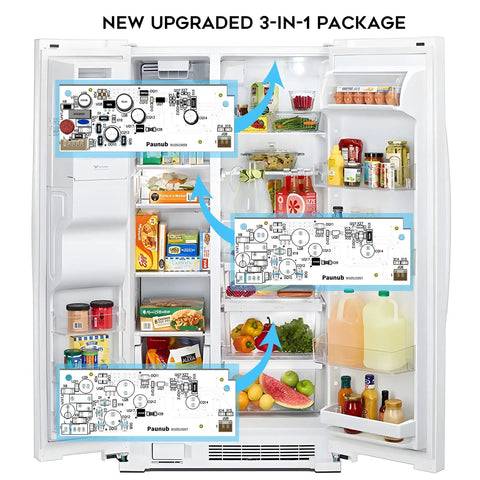 Open refrigerator with Super Bright 7500K Refrigerator LED Replacement Light Kit 3 Pack W10515058 and W10515057 diagram overlays