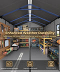 Interior view of Heavy Duty Galvanized Steel Outdoor Storage Shed With Lockable Door, displaying organized tools and equipment storage.