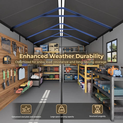 Interior view of Heavy Duty Galvanized Steel Outdoor Storage Shed With Lockable Door, displaying organized tools and equipment storage.