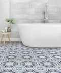 Bathroom with Blue Ezra Vinyl Peel And Stick Floor Tiles 12x12 In Set Of 10 Tiles 10 Sq Ft Per Carton Retro Vintage Art Deco Medallions