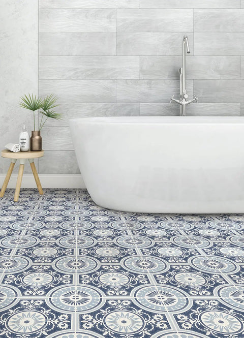 Bathroom with Blue Ezra Vinyl Peel And Stick Floor Tiles 12x12 In Set Of 10 Tiles 10 Sq Ft Per Carton Retro Vintage Art Deco Medallions
