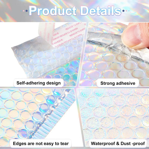 Dope Rainbow Holographic Bubble Mailers with self-seal adhesive, bubble padding, showing tear-resistant and waterproof design features