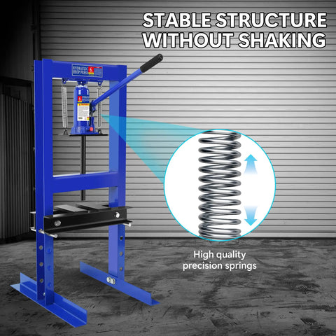 Beefy Shop Press For Auto Repairs And DIY Projects With Easy Setup Blue Powder Coated Steel Frame with spring detail