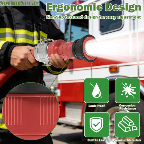 Built Tough 2-Inch NPSH Fire Hose Nozzle With Aluminum Camlock Fittings in firefighter's hand, showing ergonomic grip
