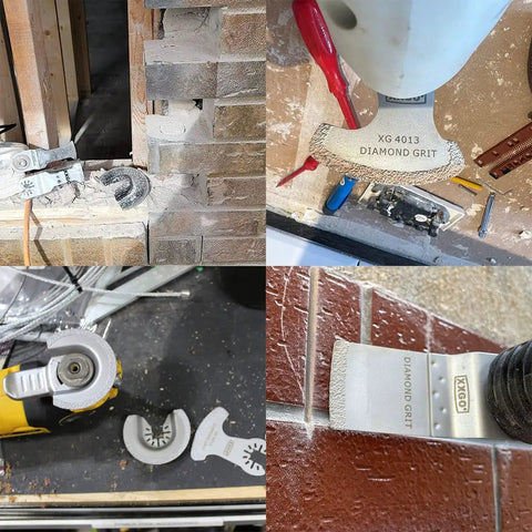 Diamond Grout Blades For Oscillating Tools, 4-Piece Set in use on brickwork and tile, showing semi-circle design and diamond grit edge.