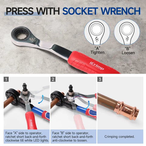 Copper Pipe Crimping Tool With Cutter For One Half Inch Three Quarter Inch And One Inch Copper Tubing ProPress adapts to manual wrench.