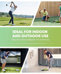 Patented All In One Pro Grade Golf Practice Mat with Built In Ball Tray in use indoors and outdoors, golfers practicing swings