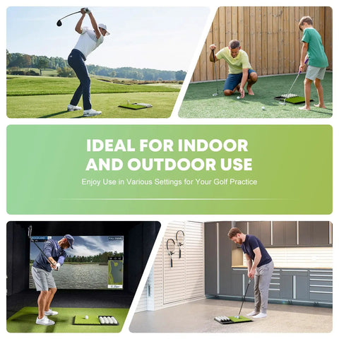 Patented All In One Pro Grade Golf Practice Mat with Built In Ball Tray in use indoors and outdoors, golfers practicing swings