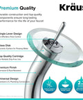 Tall Waterfall Vessel Sink Bathroom Faucet With Glass Disk In Chrome Finish, features single lever and durable cartridge