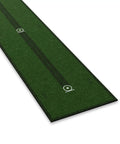 8ft Golf Putting Practice Mat with alignment lines and distance markers in green, enhancing precision and control for home sessions.