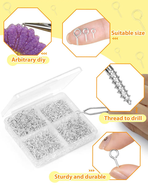 600 Pcs Small Eye Pins For Jewelry Making And DIY Crafts Gold And Silver 3 Sizes in clear box, tools and sizes displayed