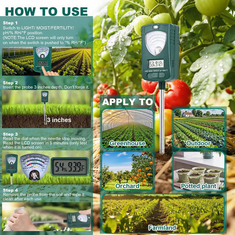 7 In 1 Soil Tester For Moisture PH Fertility Light Temperature Humidity With LCD Display And Pointer For Garden Farm Lawn Indoor Outdoor Plant Monitoring, shown in greenhouse use guide