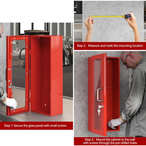 Wall Mount Fire Extinguisher Cabinet With Handle And Lock Red Heavy Duty Steel Storage Box For 10Lb Extinguisher Built To Last 24 Inch High 9 Inch Wide 6 Inch Deep Plexiglass Window Weatherproof Indoor Outdoor Use