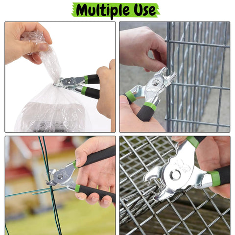 Hog Ring Pliers Kit With 110 Three Quarter Inch Galvanized Rings showing use for fencing, auto upholstery, and netting.