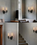 Rustic Industrial Wall Sconce Light With Tubular Clear Glass Lampshades on matte black frame in living room setting