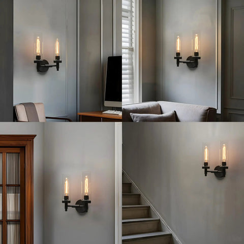 Rustic Industrial Wall Sconce Light With Tubular Clear Glass Lampshades on matte black frame in living room setting