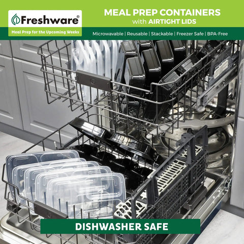 Grab And Go Meal Prep Containers 50 Pack With 3 Compartments 24 Oz Each Bento Boxes BPA Free in dishwasher showing stackable lids