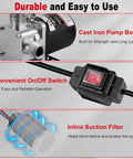Beefy 8 GPM 110V Electric Fuel Transfer Pump Kit showing cast iron body, on/off switch, and inline suction filter for diesel and oils.