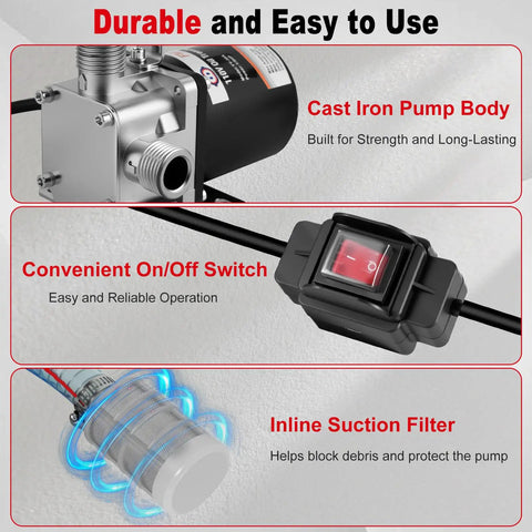 Beefy 8 GPM 110V Electric Fuel Transfer Pump Kit showing cast iron body, on/off switch, and inline suction filter for diesel and oils.