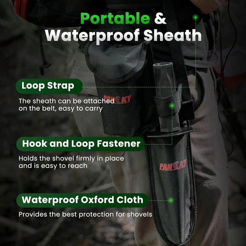 Metal Detector Shovel With Extended Handle And Carry Sheath, Heavy Duty Digger Trowel displayed in a portable waterproof sheath.