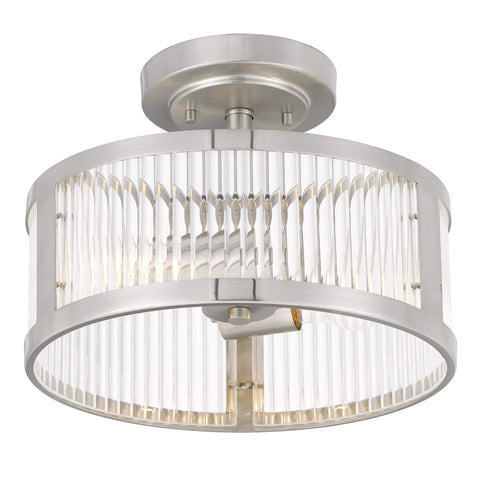 Two Light Brushed Nickel Semi Flush Ceiling Light With Clear Ribbed Glass Mid Century Vintage Round Fixture 11.8 Inch Diameter
