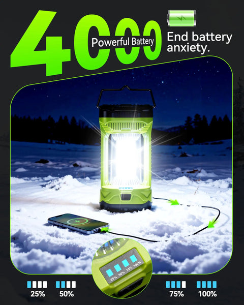 Rechargeable Camping Lantern With 4000LM Bright LED Light 360 Degree All Around Illumination 4600mAh Battery in snowy landscape