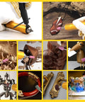 Collage of 1000W Flex Shaft Rotary Tool with 30000 RPM speed detailing wood and metal carvings, jewelry, and art projects