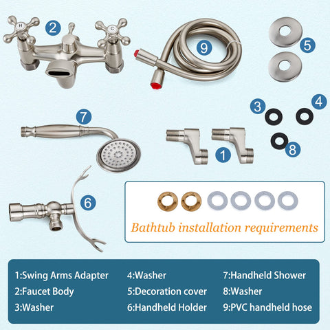 Clawfoot Tub Faucet With Handheld Shower Brushed Nickel, Wall Mount Tub Filler With Cross Handles installation parts layout