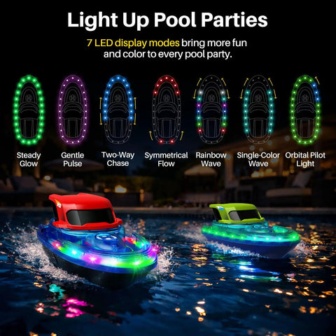 Two Pack RC Boats For Kids Ready To Race With 7 Mode LED Lights Water Spray Dual Batteries Two Point Four GHz Remote Range 164 Feet Remote Control Pool Boats Gift For Boys And Girls displaying LED modes at night in a pool