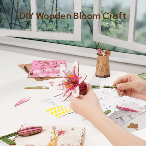 Hands assembling 3D Wooden Lily Flower Puzzle DIY Kit For Home Decor And Relaxing Adult Crafts Artificial Wood Flower Gift