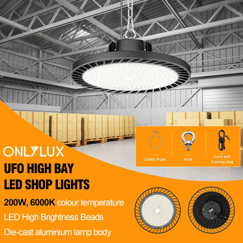 8 Pack 200W LED High Bay Lights 30000 Lumens 6500K UFO High Bay LED Shop Lights AC100277V With Plug in warehouse