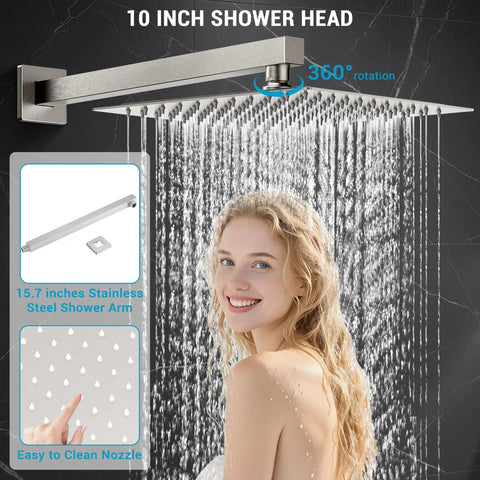 Badass 10 Inch Rainfall Shower Head And Faucet Set In Brush Nickel Finish With Solid 304 Stainless Steel Build For A Legit High Pressure Bathroom Setup That Flows Like Butter Daily