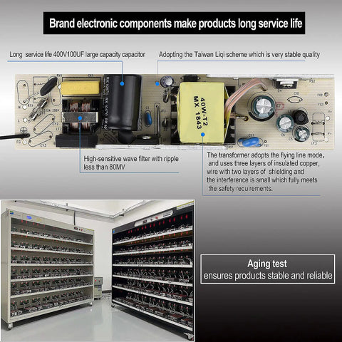Image showcasing the internal components of a 4 Pack LED Driver 40W Waterproof IP67 Power Supply 90V to 265V AC to 12V DC Constant Voltage.