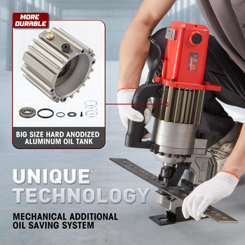 Beefy 25T Electric Hydraulic Hole Puncher With Five Dies 1700W Copper Motor Rugged Punch Tool For Metal Up To 12mm Thick Red CPM25 with aluminum oil tank