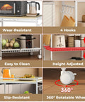 Collage showing features of Mobile Kitchen Cart With 3 Tiers And Lockable Wheels White Rolling Storage Cart With Push Handle Sturdy 210 Lb Capacity