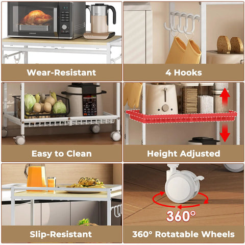 Collage showing features of Mobile Kitchen Cart With 3 Tiers And Lockable Wheels White Rolling Storage Cart With Push Handle Sturdy 210 Lb Capacity
