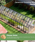 10 By 32 Ft Outdoor Greenhouse With Aluminum Frame, Polycarbonate Panels, Quick Setup, Walk In Design, Seven Vents on grass