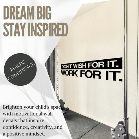 Dont Wish For It Grind For It Motivational Wall Decal Large Vinyl Quote in gym setting, removable black vinyl, 37x10 inches
