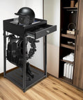 Police Gear Stand With Gun Storage, Heavy Duty Metal Rack For Gear Organization, 42 By 18 By 18 Inches in home setting.