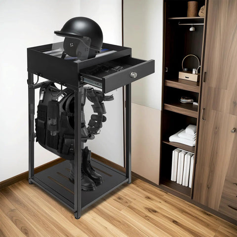 Police Gear Stand With Gun Storage, Heavy Duty Metal Rack For Gear Organization, 42 By 18 By 18 Inches in home setting.