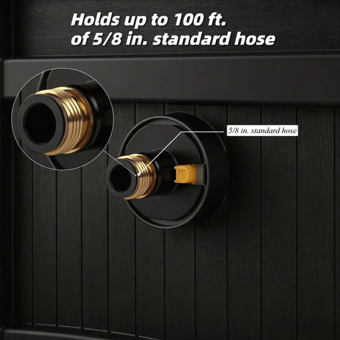 Close-up of connection fitting on 100 Ft Hose Reel Storage Box With Water Hose Holder, Compact Resin Garden Reel, fits 5/8 inch hose
