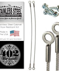 American Made Stainless Steel Cabinet Door Restraint Kit With Flexible Braided Cable, mounting screws, and packaging.