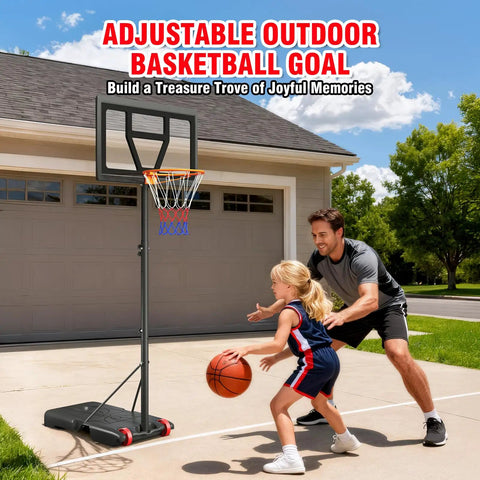 Father and daughter playing basketball with Kids Adjustable Basketball Hoop System Portable 3 To 7 Ft For Backyard Driveway Or Indoor Play