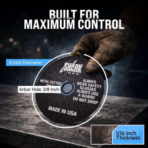 Person holding 3-Inch Cut-Off Wheels 1/16-Inch Thick 3/8-Inch Arbor Double Reinforced For Maximum Strength USA Made 10-Pack