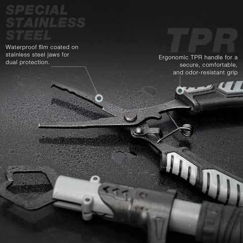 Waterproof Fishing Backpack With Tackle Boxes, Pliers, Lip Gripper, Lures And Rod Holder, close-up of pliers with ergonomic grip