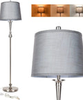 Tall Floor Lamp With Grey Linen Shade And Nickel Finish 3 Color Temperature LED Standing Lamp 2700K 4000K 5000K 810 Lumens