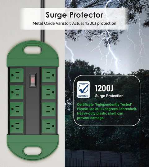 Weatherproof Outdoor Power Strip With Eight Outlets IPX6 Waterproof Extension Cord, green, shown with surge protector feature.