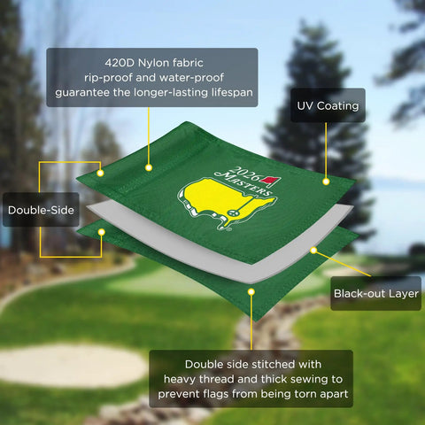 8x6 Inch Double Sided Silk Printed Golf Flag For Putting Green Practice Indoors Or Outdoors Pro Grade Game Ready Durable 420D Nylon Majors 2026 Tradition Design 1 Pack Green with diagram showing nylon layers and stitching