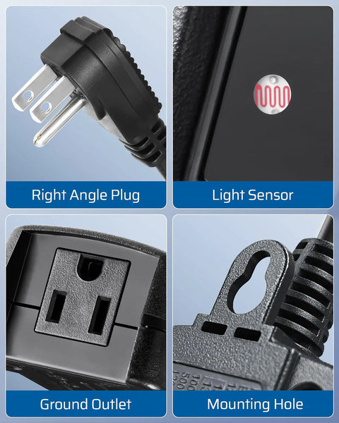 Tough As Nails Outdoor Light Timer 2 Pack Weather Resistant 13 Amp UL Listed plug features, light sensor, and mounting hole.